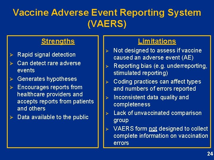 Vaccine Adverse Event Reporting System (VAERS) Strengths Ø Rapid signal detection Ø Can detect