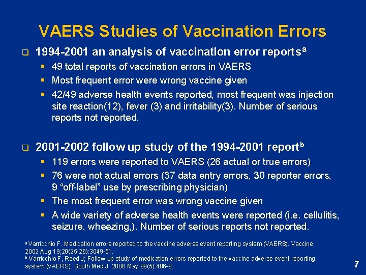 VAERS Studies of Vaccination Errors q 1994 -2001 an analysis of vaccination error reportsa