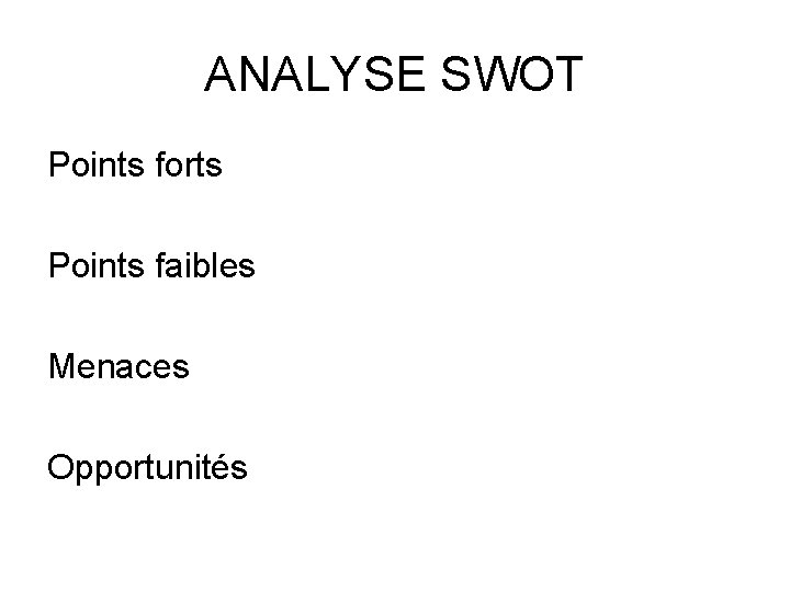 ANALYSE SWOT Points forts Points faibles Menaces Opportunités 