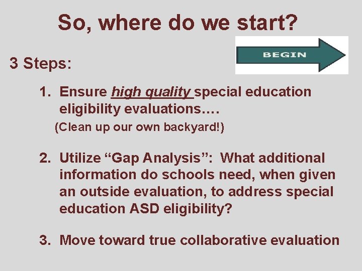 So, where do we start? 3 Steps: 1. Ensure high quality special education eligibility