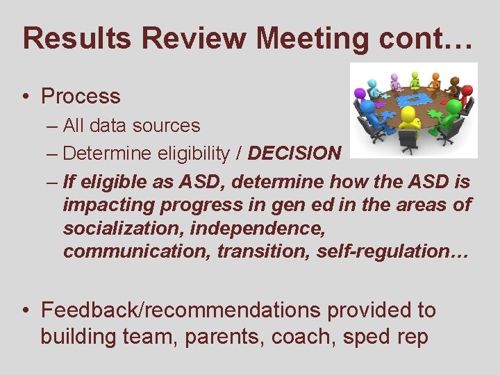 Results Review Meeting cont… • Process – All data sources – Determine eligibility /