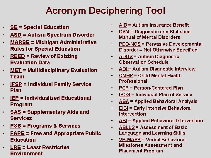 Acronym Deciphering Tool • • • SE = Special Education ASD = Autism Spectrum