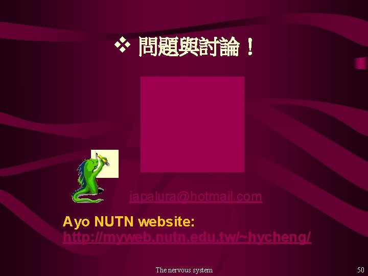 v 問題與討論！ japalura@hotmail. com Ayo NUTN website: http: //myweb. nutn. edu. tw/~hycheng/ The nervous