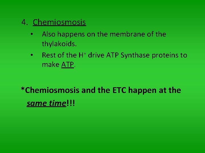 4. Chemiosmosis • • Also happens on the membrane of the thylakoids. Rest of