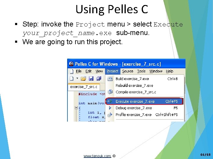 Using Pelles C Step: invoke the Project menu > select Execute your_project_name. exe sub-menu.