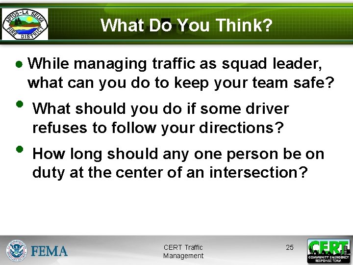 What Do You Think? ● While managing traffic as squad leader, what can you