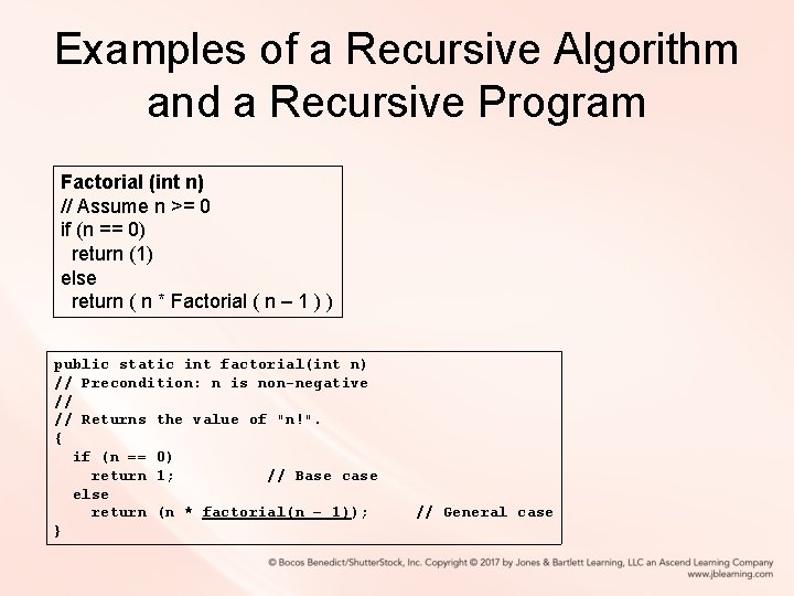 Examples of a Recursive Algorithm and a Recursive Program Factorial (int n) // Assume