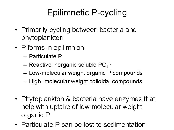 Epilimnetic P-cycling • Primarily cycling between bacteria and phytoplankton • P forms in epilimnion