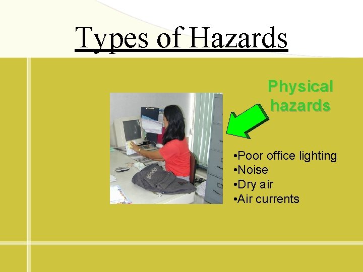 Types of Hazards Physical hazards • Poor office lighting • Noise • Dry air