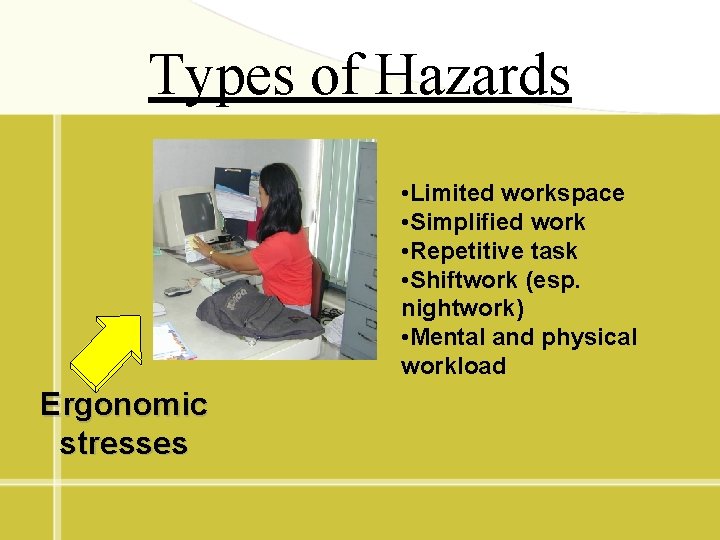 Types of Hazards • Limited workspace • Simplified work • Repetitive task • Shiftwork