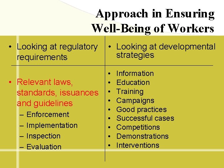 Approach in Ensuring Well-Being of Workers • Looking at regulatory requirements • Relevant laws,