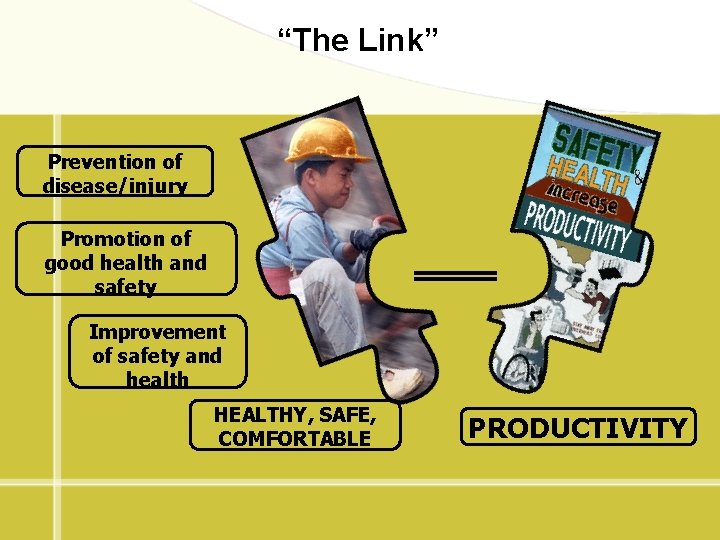 “The Link” Prevention of disease/injury Promotion of good health and safety Improvement of safety