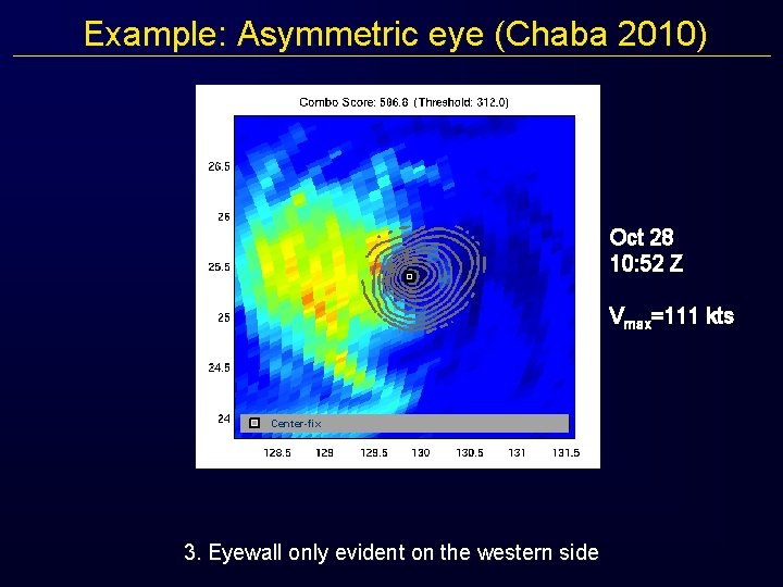 Example: Asymmetric eye (Chaba 2010) Oct 28 10: 52 Z Vmax=111 kts Center-fix 3.