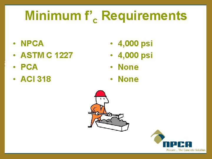 Minimum f’c Requirements • • NPCA ASTM C 1227 PCA ACI 318 • •