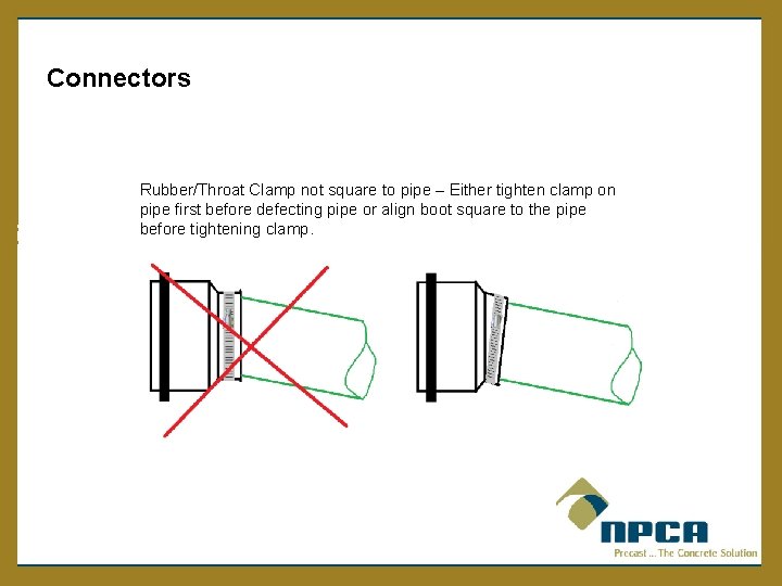  Connectors Rubber/Throat Clamp not square to pipe – Either tighten clamp on pipe