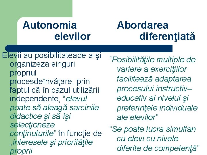 Autonomia elevilor Abordarea diferenţiată Elevii au posibilitateade a-şi “Posibilităţile multiple de organizeza singuri variere