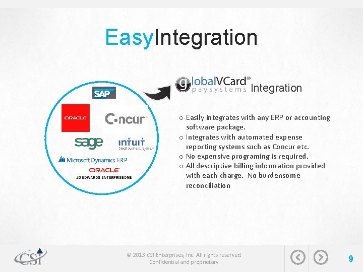 Easy. Integration o Easily integrates with any ERP or accounting software package. o Integrates