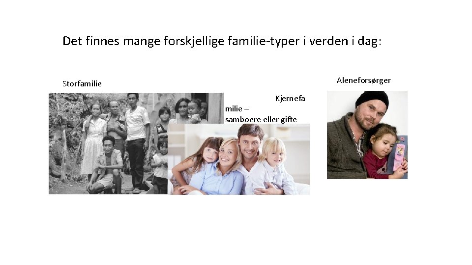 Det finnes mange forskjellige familie-typer i verden i dag: Aleneforsørger Storfamilie Kjernefa milie –