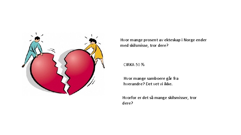 Hvor mange prosent av ekteskap i Norge ender med skilsmisse, tror dere? CIRKA 50