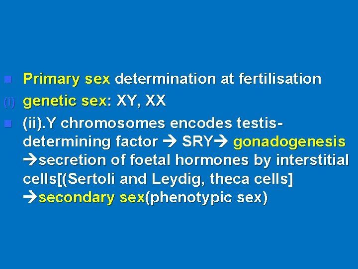 n (i) n Primary sex determination at fertilisation genetic sex: XY, XX (ii). Y