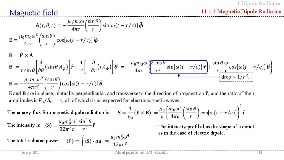 11. 1 Dipole Radiation 11. 1. 3 Magnetic Dipole Radiation Magnetic field The energy