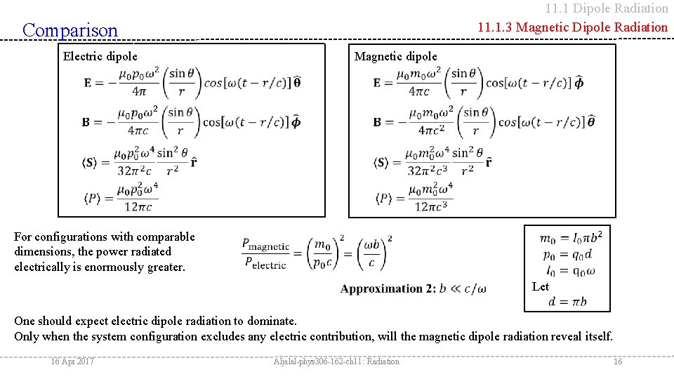 11. 1 Dipole Radiation 11. 1. 3 Magnetic Dipole Radiation Comparison Electric dipole Magnetic
