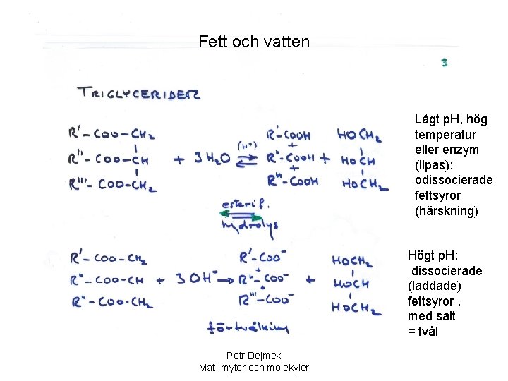 Fett och vatten Lågt p. H, hög temperatur eller enzym (lipas): odissocierade fettsyror (härskning)