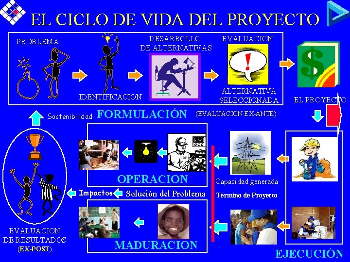 EL CICLO DE VIDA DEL PROYECTO DESARROLLO DE ALTERNATIVAS PROBLEMA ALTERNATIVA SELECCIONADA IDENTIFICACION Sostenibilidad