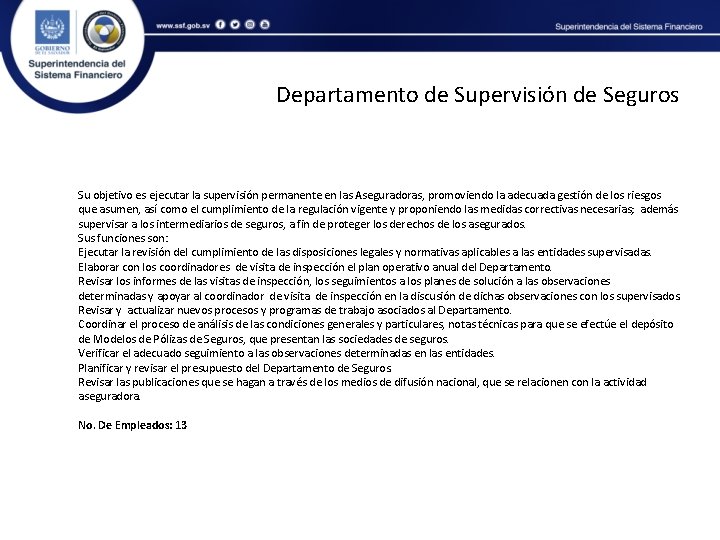 Departamento de Supervisión de Seguros Su objetivo es ejecutar la supervisión permanente en las