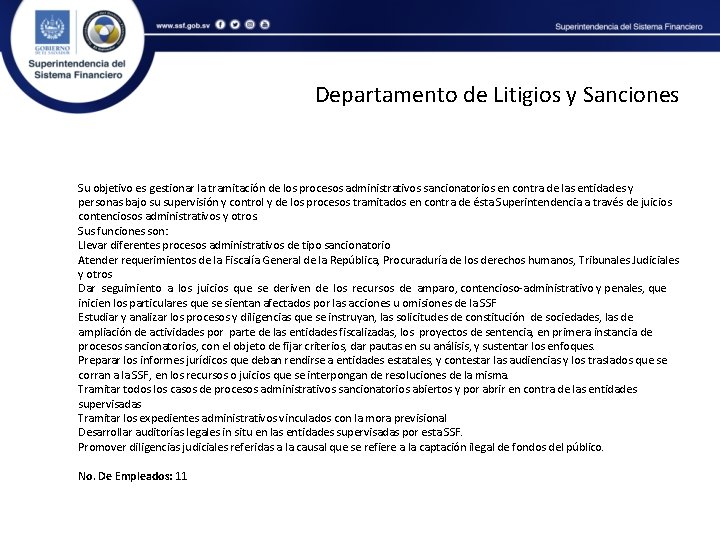 Departamento de Litigios y Sanciones Su objetivo es gestionar la tramitación de los procesos