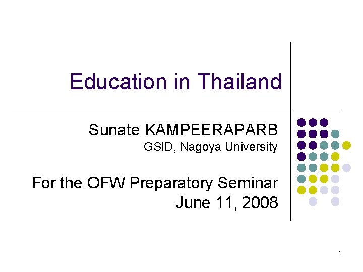 Education in Thailand Sunate KAMPEERAPARB GSID, Nagoya University For the OFW Preparatory Seminar June