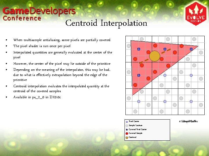 Centroid Interpolation • • When multisample antialiasing, some pixels are partially covered The pixel