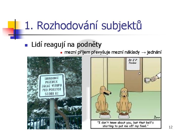 1. Rozhodování subjektů n Lidí reagují na podněty n mezní příjem převyšuje mezní náklady