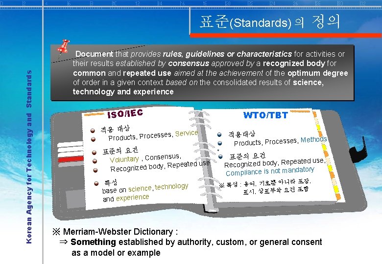 Korean Agency for Technology and Standards 표준(Standards) 의 정의 Document that provides rules, guidelines