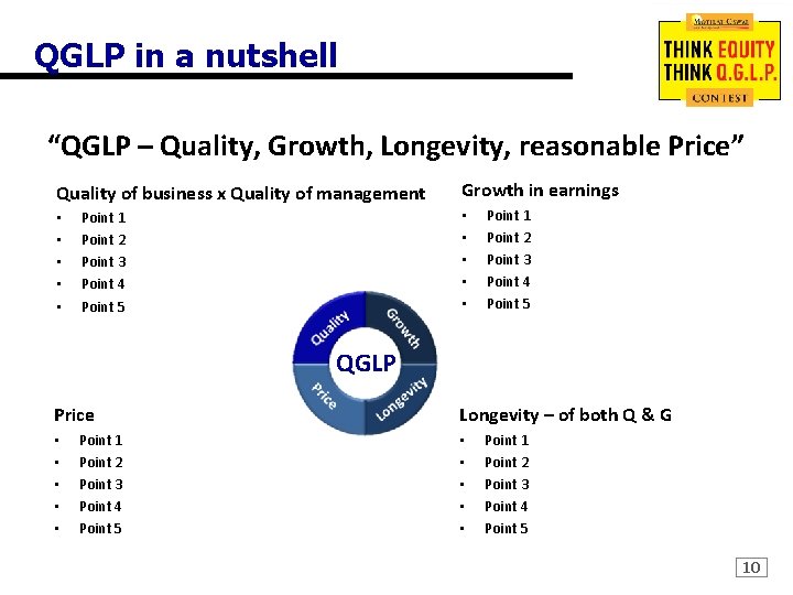 QGLP in a nutshell “QGLP – Quality, Growth, Longevity, reasonable Price” Quality of business