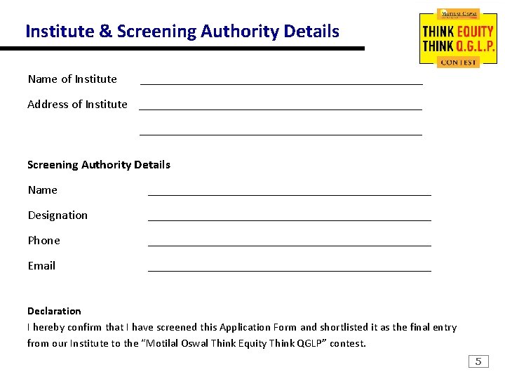 Institute & Screening Authority Details Name of Institute _______________________ Address of Institute _____________________________________________ Screening