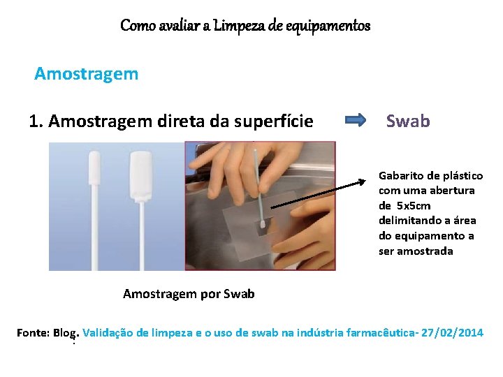 Como avaliar a Limpeza de equipamentos Amostragem 1. Amostragem direta da superfície Swab Gabarito