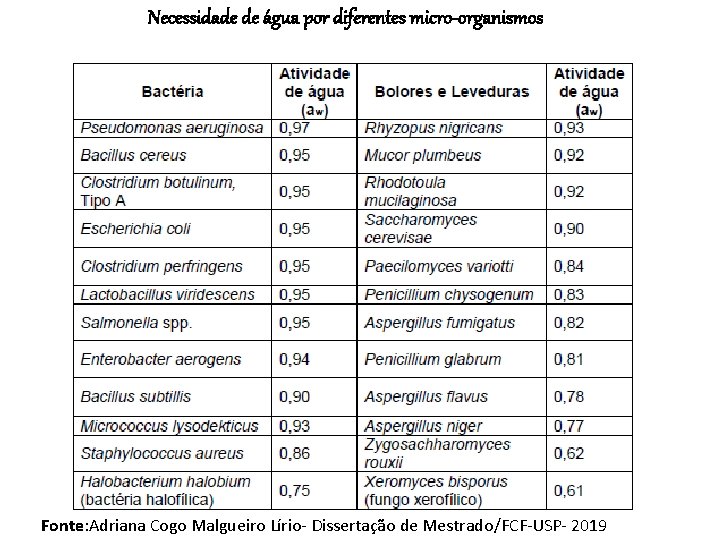 Necessidade de água por diferentes micro-organismos Fonte: Adriana Cogo Malgueiro Lírio- Dissertação de Mestrado/FCF-USP-