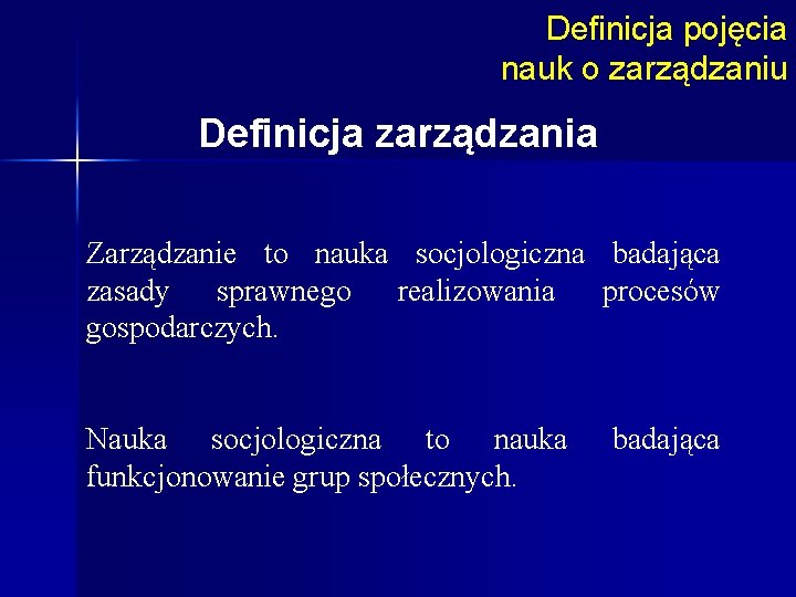 Definicja pojęcia nauk o zarządzaniu Definicja zarządzania Zarządzanie to nauka socjologiczna badająca zasady sprawnego