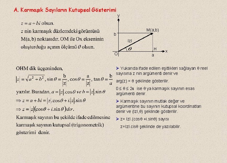 A. Karmaşık Sayıların Kutupsal Gösterimi y M(a, b). b Iz. I O H a A. Karmaşık Sayıların Kutupsal Gösterimi y M(a, b). b Iz. I O H a