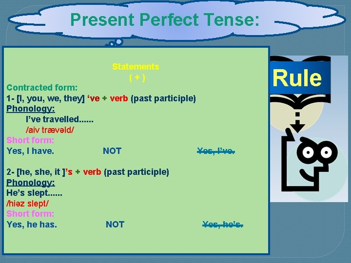 Present Perfect Tense: Statements (+) Contracted form: 1 - [I, you, we, they] ‘ve