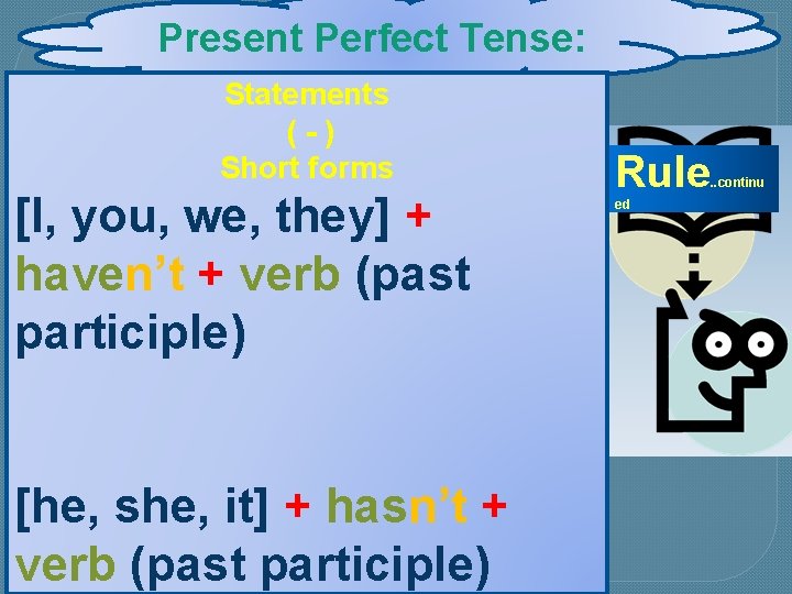 Present Perfect Tense: Statements (-) Short forms [I, you, we, they] + haven’t +