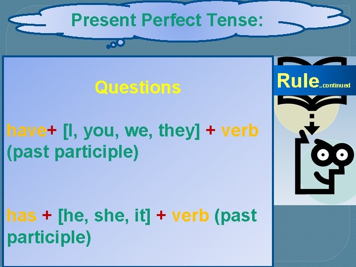 Present Perfect Tense: Questions have+ [I, you, we, they] + verb (past participle) has