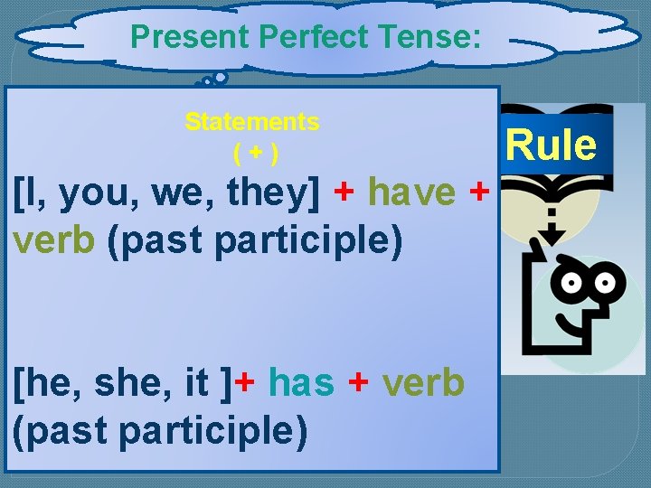 Present Perfect Tense: Statements (+) [I, you, we, they] + have + verb (past