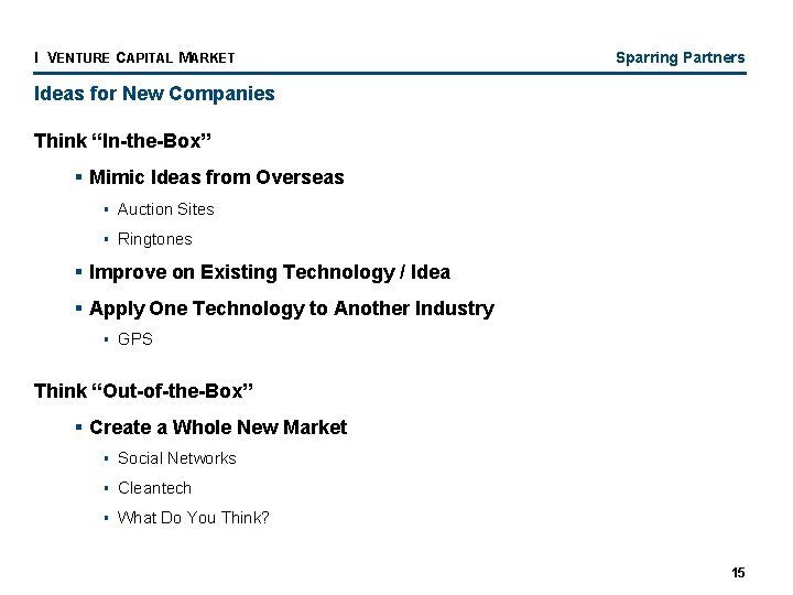 I VENTURE CAPITAL MARKET Sparring Partners Ideas for New Companies Think “In-the-Box” § Mimic