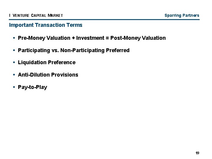 I VENTURE CAPITAL MARKET Sparring Partners Important Transaction Terms § Pre-Money Valuation + Investment