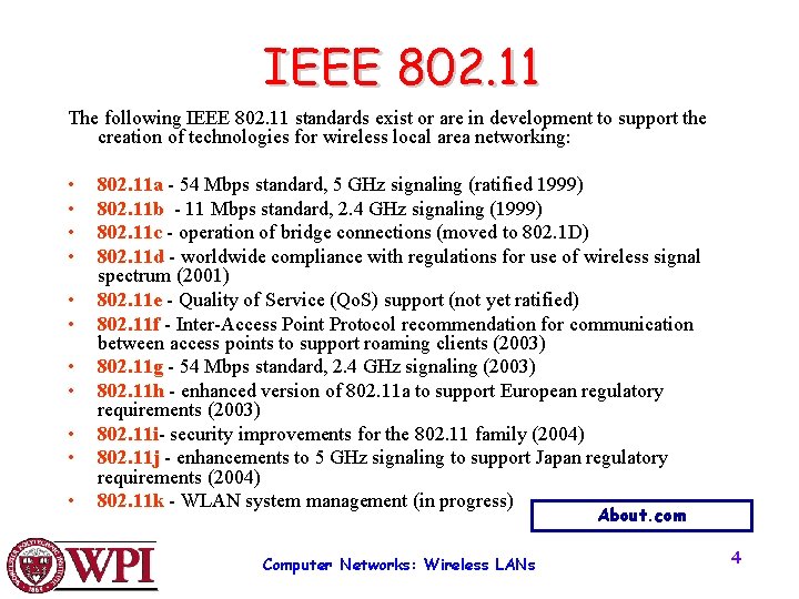 IEEE 802. 11 The following IEEE 802. 11 standards exist or are in development