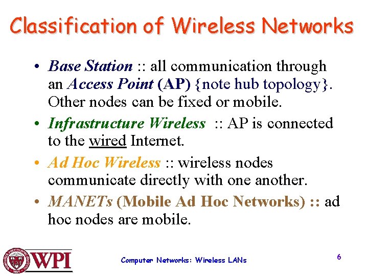 Classification of Wireless Networks • Base Station : : all communication through an Access