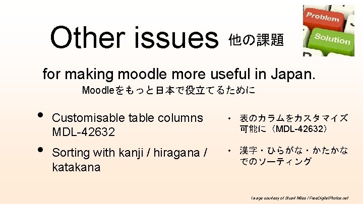 Other issues 他の課題 for making moodle more useful in Japan. Moodleをもっと日本で役立てるために • • Customisable