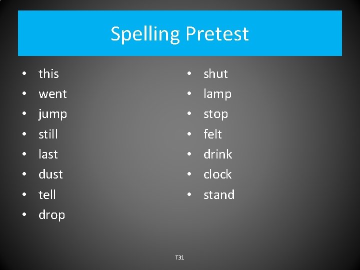 Spelling Pretest • • this went jump still last dust tell drop • •